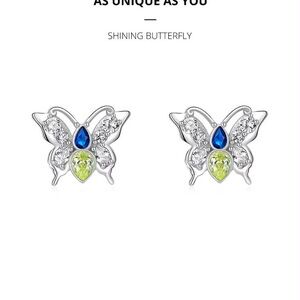 Elegant 925 Sterling Silver and Blue Butterfly Floral Earrings